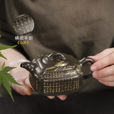 宜兴手工紫砂壶 翡翠青紫泥 抽角竹鼓家用茶具茶壶国工手制