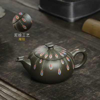 宜兴手工紫砂壶 翡翠青紫泥 灵韵孔雀 家用茶具茶壶 证书齐全
