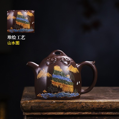 宜兴手工紫砂壶家藏紫茄泥山水秦权堆绘易包浆出水暴爽泡茶养生壶